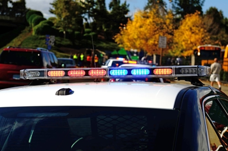 A police car stands by on a tree-lined street